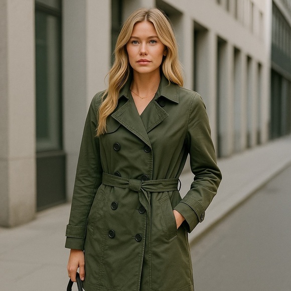 🫶 Banana Republic Petite XS Olive Green Double-Breasted Trench Coat - Picture 2 of 9